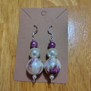 Floral Acrylic Rose Dangle Earrings Faux Pearl Purple White Boho Cottagecore